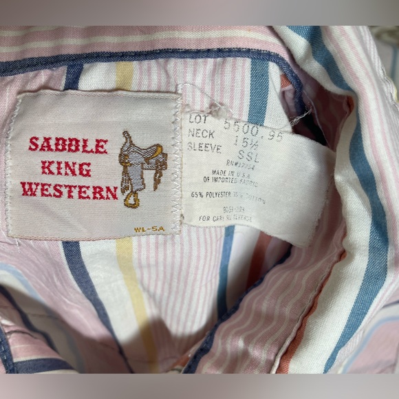Vintage Saddle King Western Pearl Snap Pink Striped Shirt, Size M/L, Neck 15.5” - Picture 4 of 5